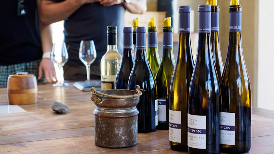 10 different wine bottles set on a table set up for tasting infront of 2 people and their wineglasses