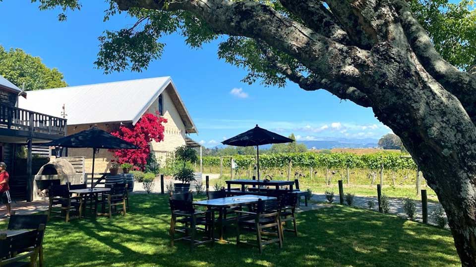 Outdoor seating area with tables, chairs and umbrellas set up in front of the winery with the vineyard in the background